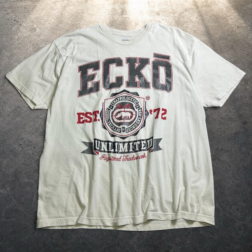 Ecko Unltd Graphic T-Shirt Cream Red Black Rhino Logo‎ Y2K Skater Size 2XL